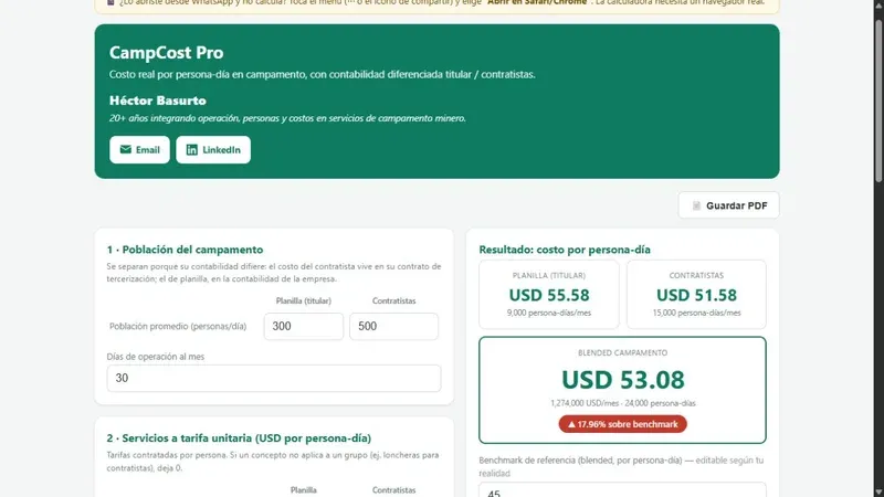 Vista de la interfaz de CampCost Pro
